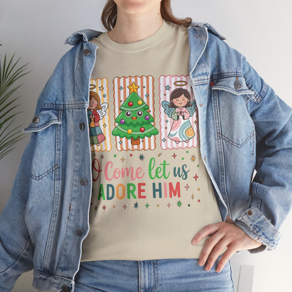 O Come Let Us Adore Him Christmas Tee — Smiling Angels & Happy Tree..Unisex Cotton Tee