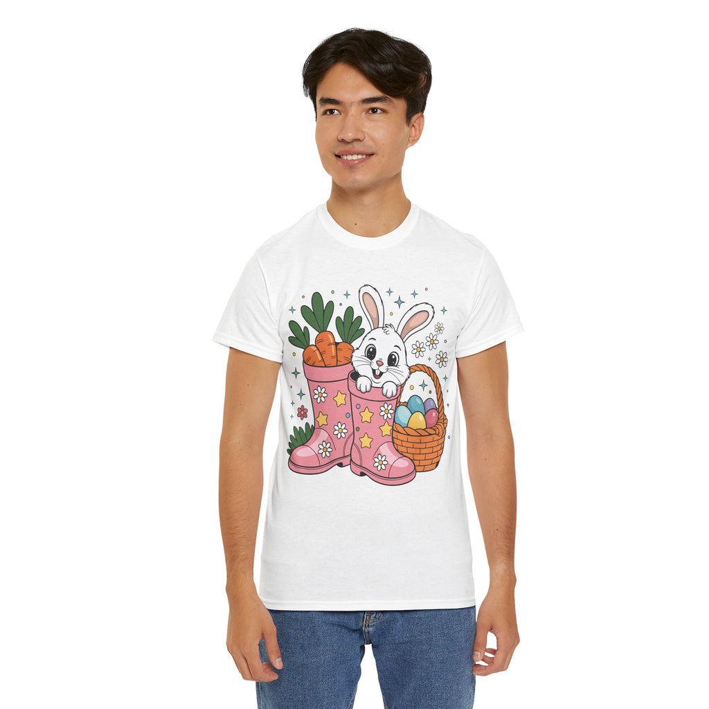 Easter Bunny in Pink Rain Boots T-Shirt — Cartoon Bunny, Carrots & Colorful Eggs Unisex Cotton Tee