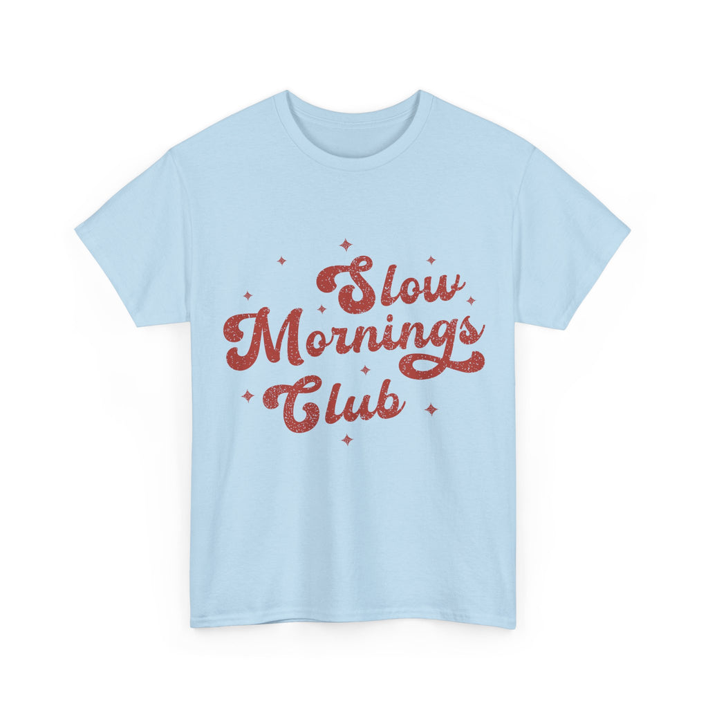 Slow Mornings Club T-Shirt — Retro Red Sparkle Unisex Cotton Tee