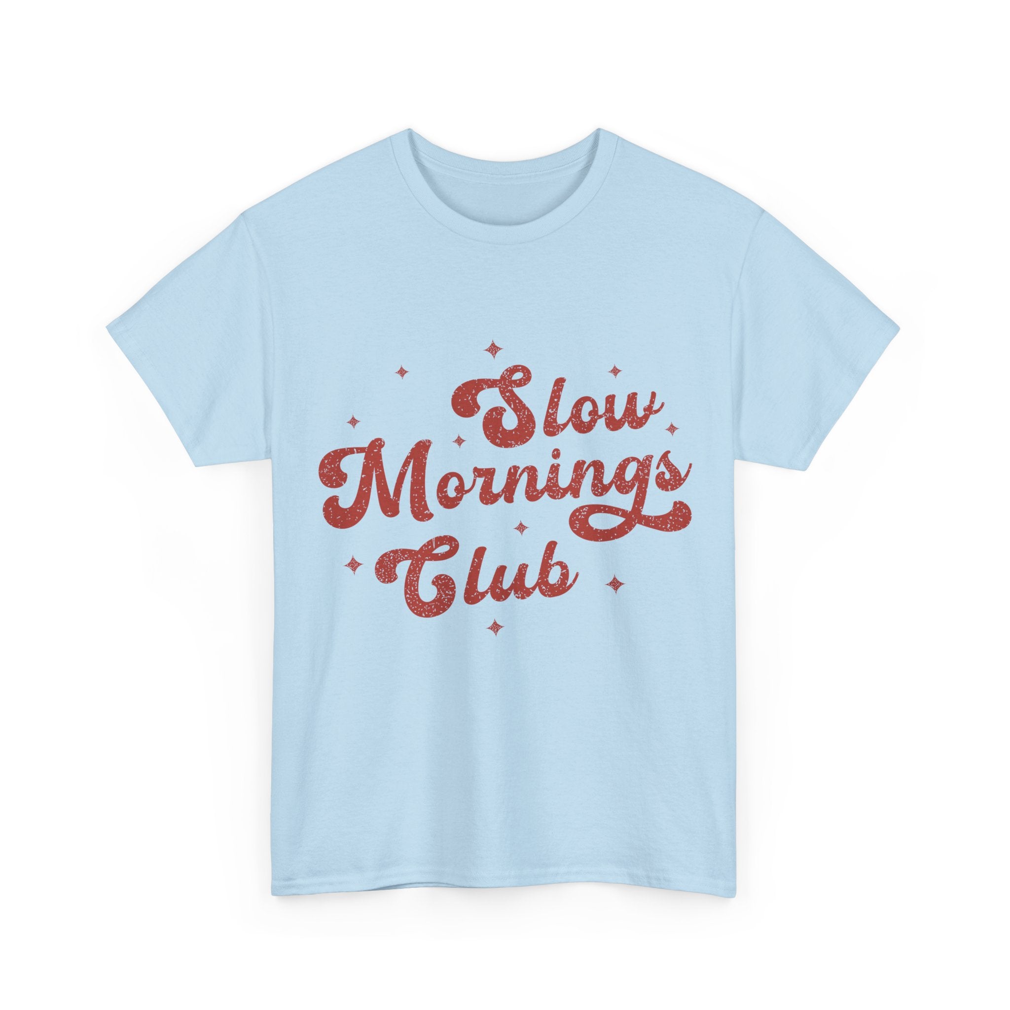 Slow Mornings Club T-Shirt — Retro Red Sparkle Unisex Cotton Tee