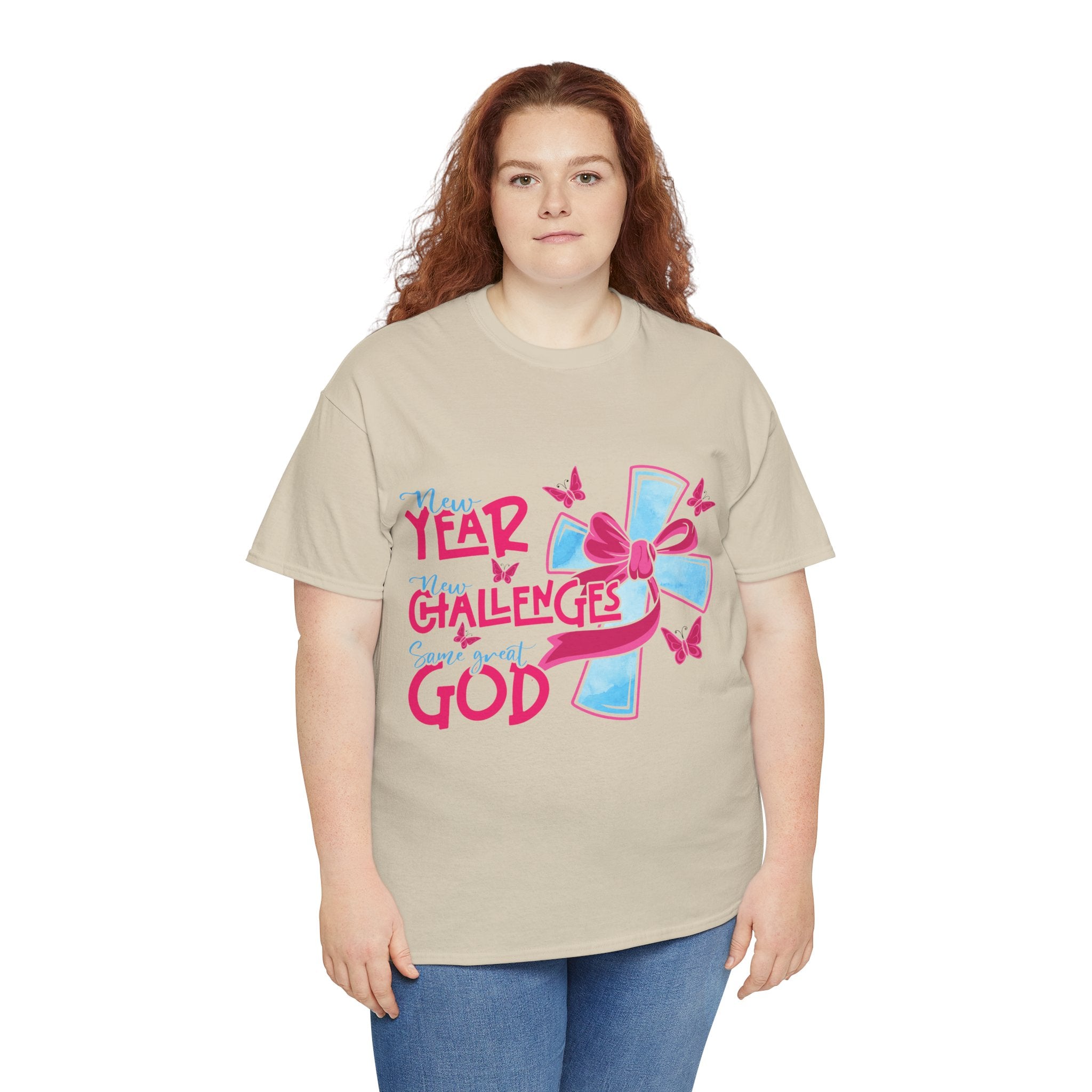 Christian T-Shirt — “New Year, New Challenges, Same Great God” with Pink Bow Cross & Butterflies. Unisex Cotton Tee