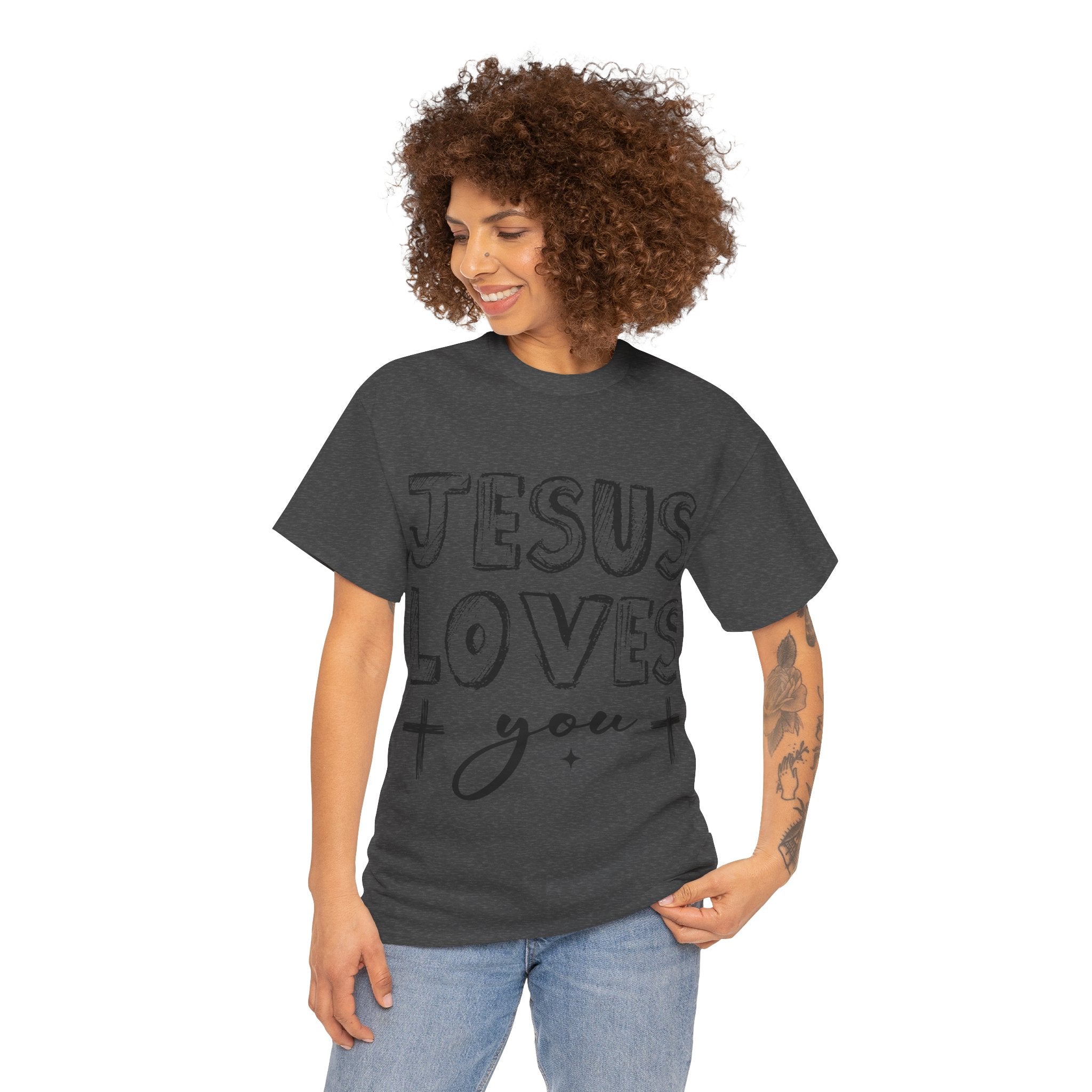 Jesus Loves You Chalk-Style Tee — Crosses & Stars Christian UNisex Cotton T-Shirt