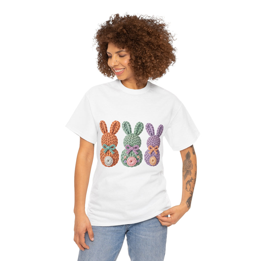 Pastel Crochet Bunny Tee — Trio of Faux Knit Bunnies with Bows & Flowers Unisex Cotton Tee