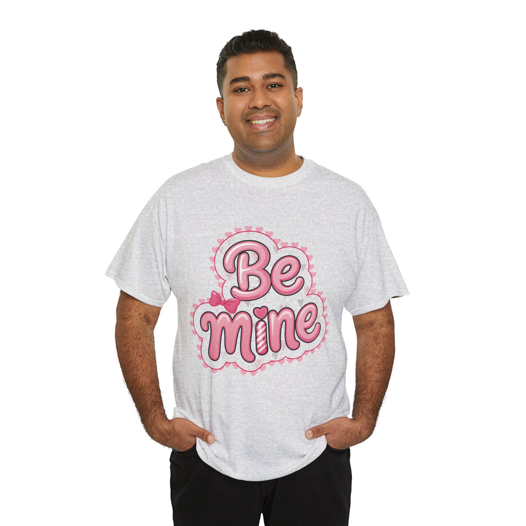 Be Mine Valentine T-Shirt — Pink Bubble Letters with Hearts & Bow..Unisex Cotton Tee