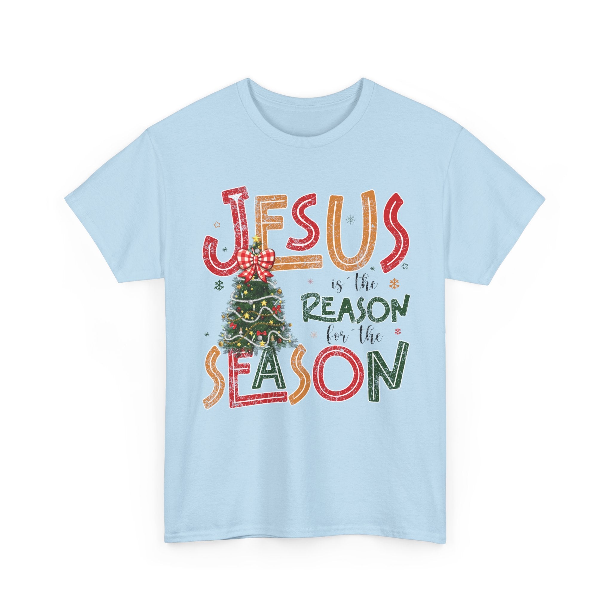 Jesus Is the Reason for the Season Christmas T-Shirt — Plaid Bow Tree..Unisex Cotton Tee