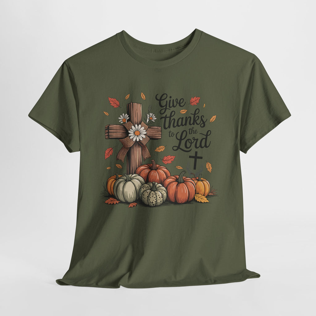 Give Thanks to the Lord Autumn Tee — Wooden Cross, Pumpkins & Daisies..Unisex Cotton Tee