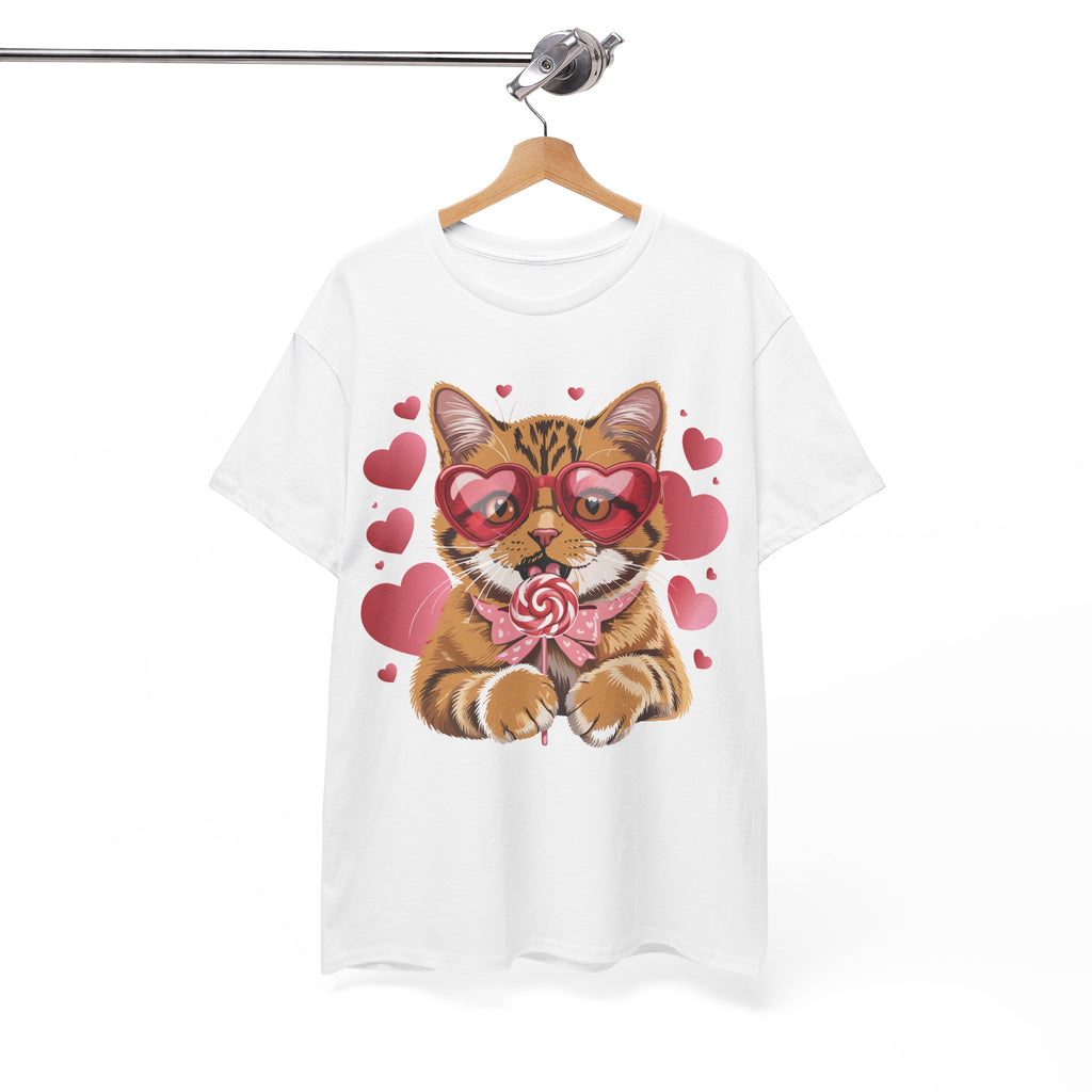 Valentine Cat Tee — Heart Glasses, Lollipop Bow Unisex Cotton Tee