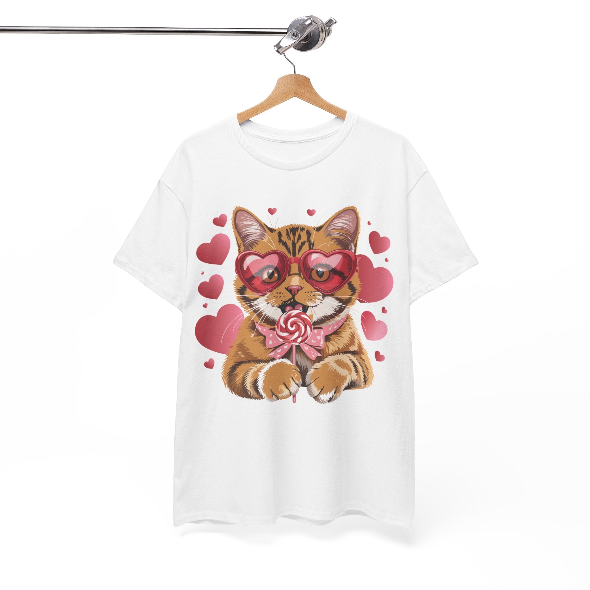 Valentine Cat Tee — Heart Glasses, Lollipop Bow Unisex Cotton Tee