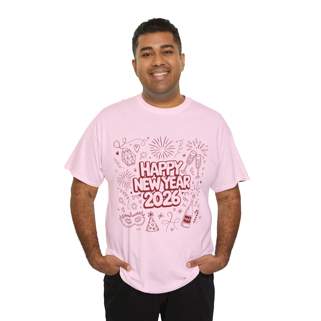 Happy New Year 2026 Doodle T-Shirt — Pink Party Icons & Champagne Unisex Cotton Tee
