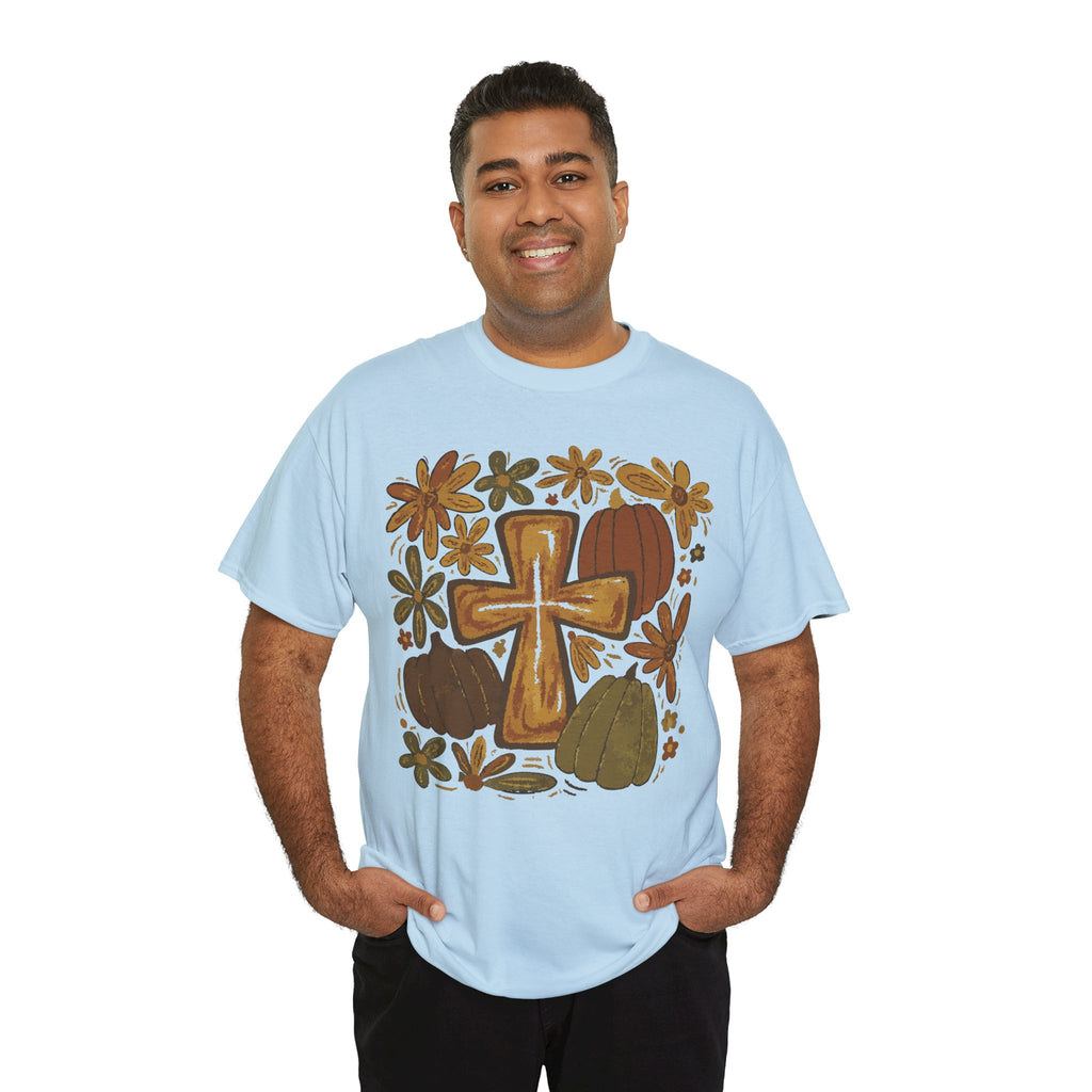 Autumn Cross Tee — Rustic Pumpkin & Fall Floral Christian Unisaex Cotton T-Shirt