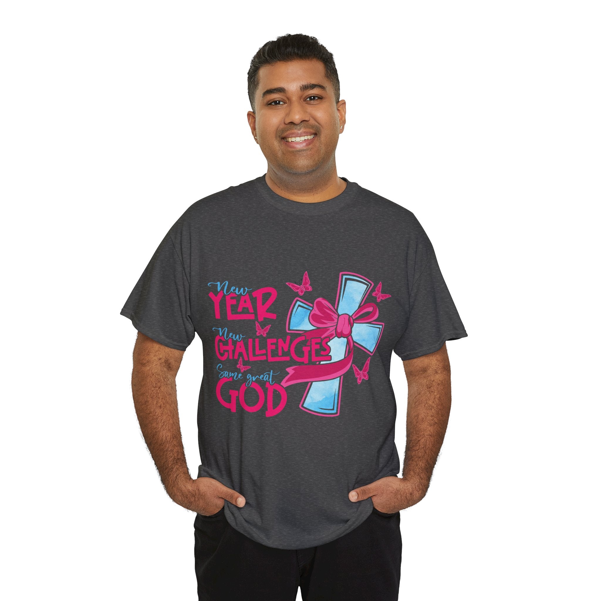 Christian T-Shirt — “New Year, New Challenges, Same Great God” with Pink Bow Cross & Butterflies. Unisex Cotton Tee