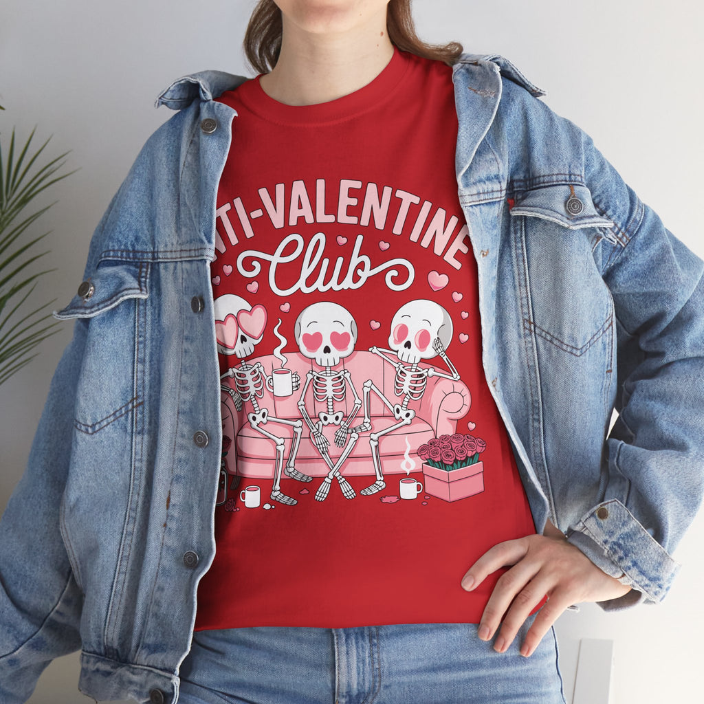 Anti-Valentine Club Skeleton Tee — Anti-Romance Pink Couch Graphic Unisex Cotton T-Shirt