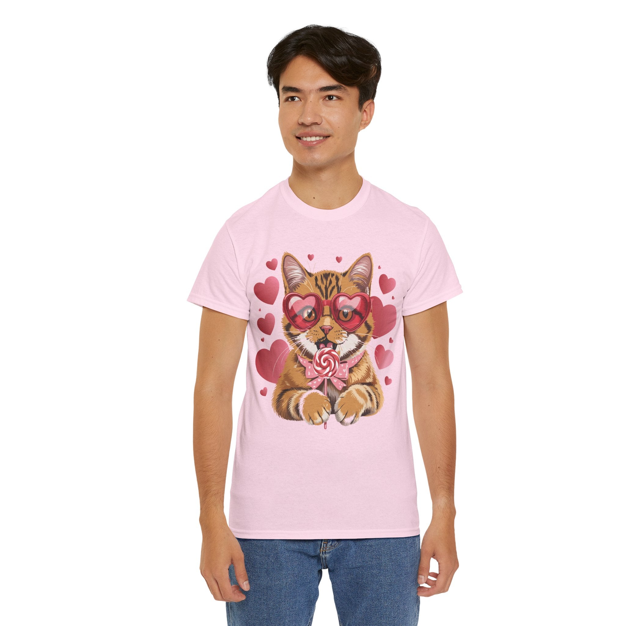 Valentine Cat Tee — Heart Glasses, Lollipop Bow Unisex Cotton Tee