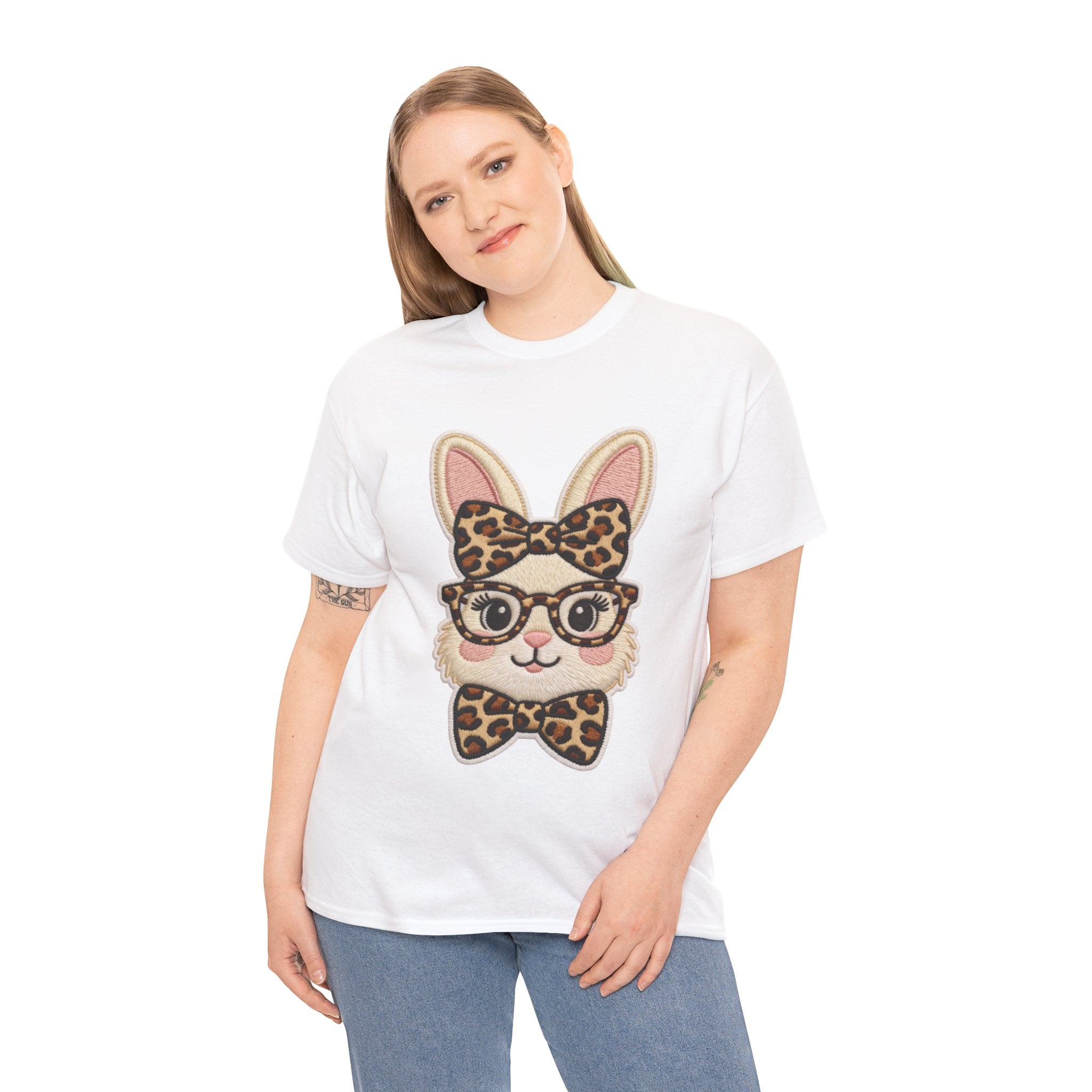 Leopard Bow Bunny Embroidered Tee — Cute Bunny Face with Glasses Patch Unisex Cotton Tee