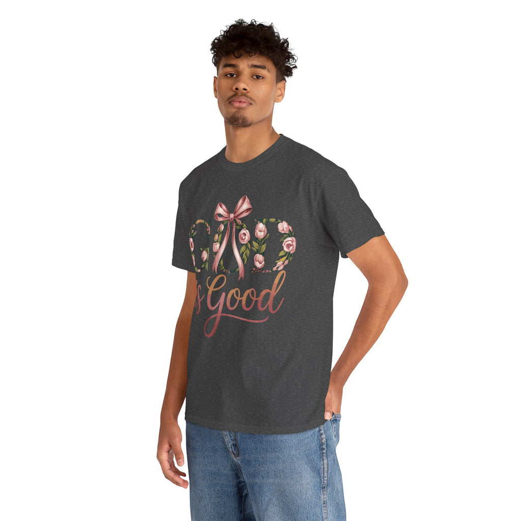 God Is Good Pink Rose Tee — Floral Ribbon Faith Unisex Cotton T-Shirt