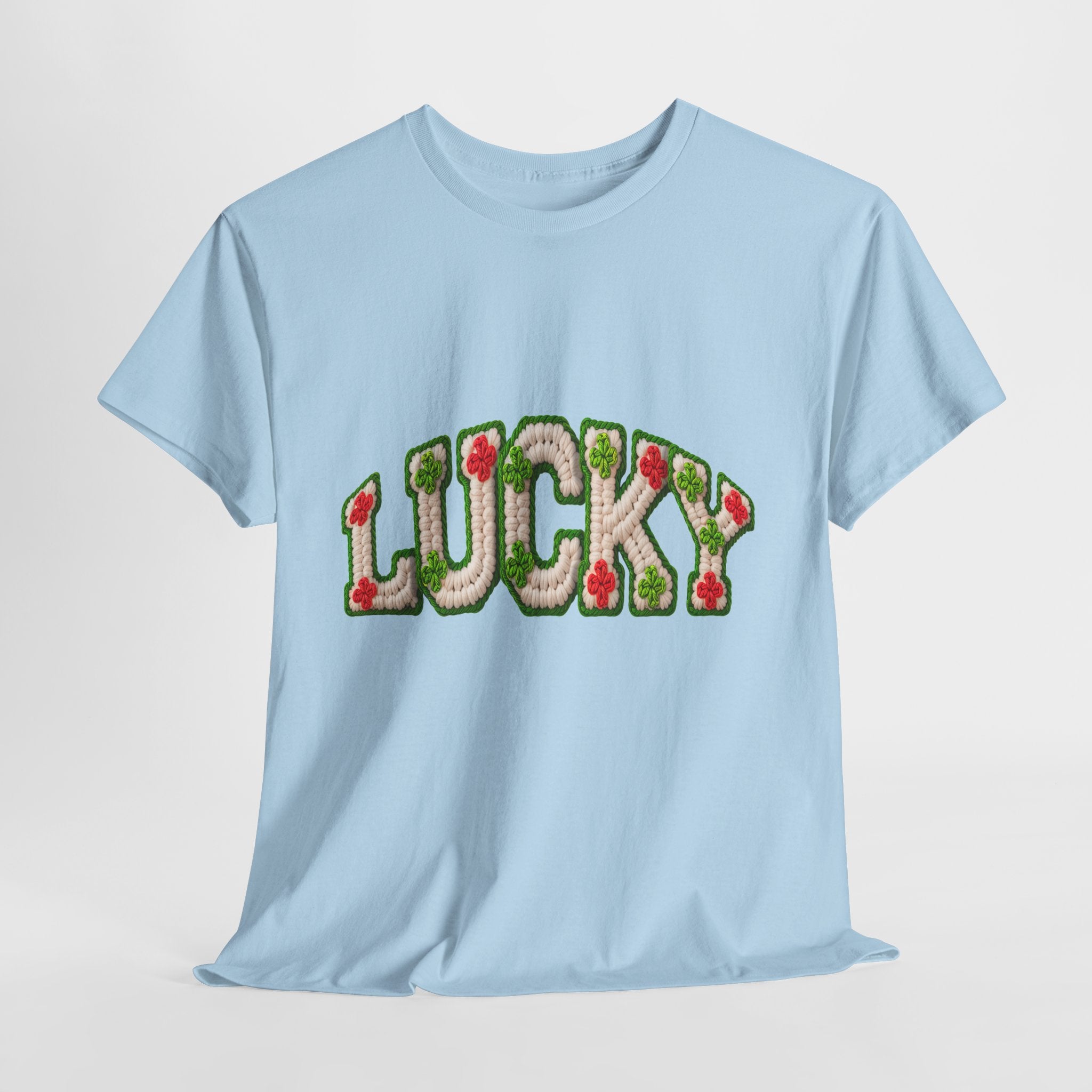 Lucky Crochet Clover T-Shirt — Faux-Yarn Embroidered St. Patrick’s Unisex Cotton Tee
