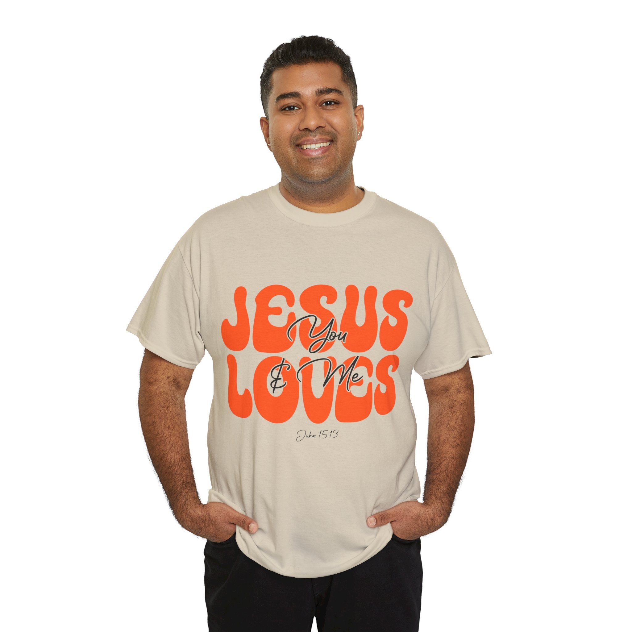 Jesus Loves You & Me Retro Tee — Playful Orange Bubbly Christian Unisex Cotton T-Shirt