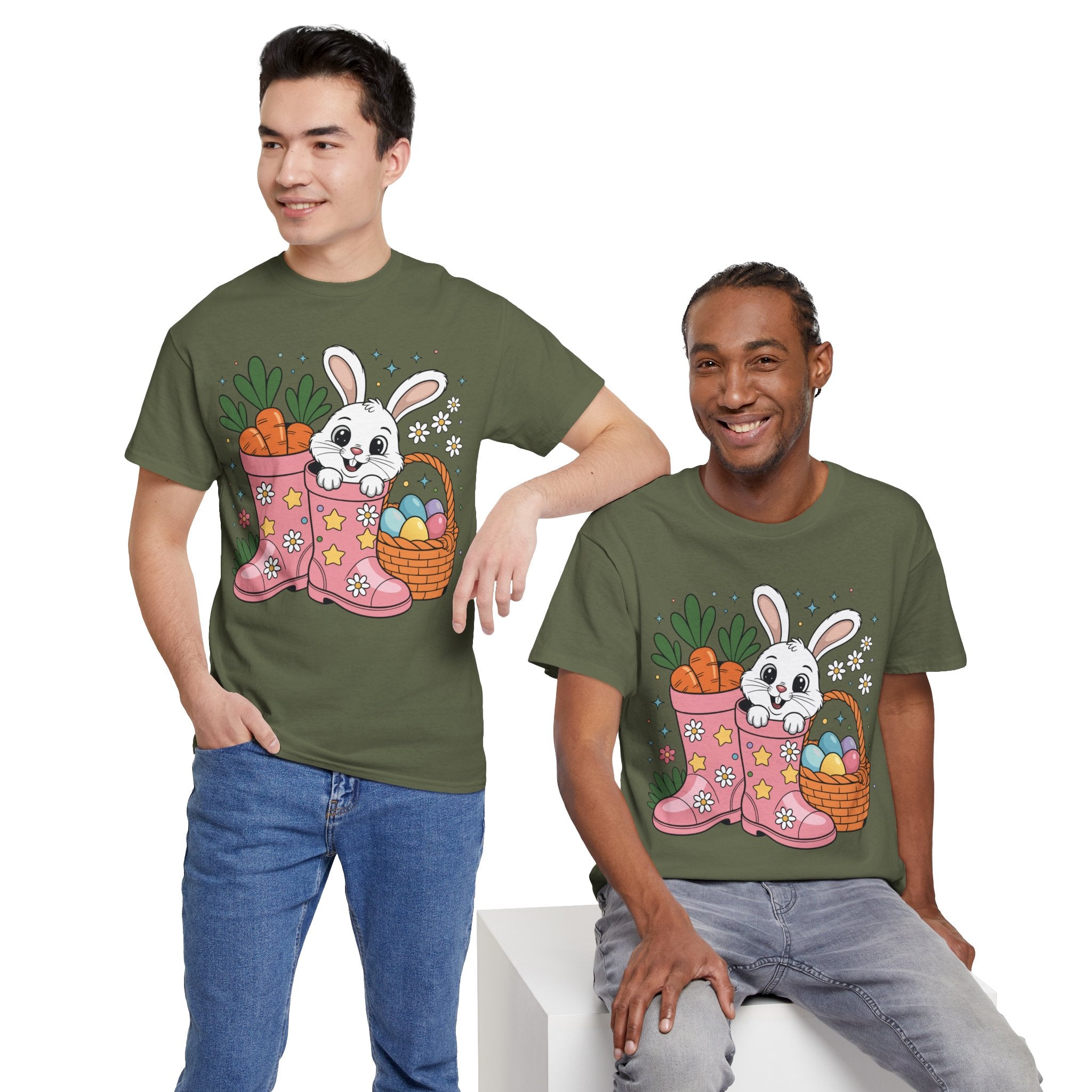Easter Bunny in Pink Rain Boots T-Shirt — Cartoon Bunny, Carrots & Colorful Eggs Unisex Cotton Tee