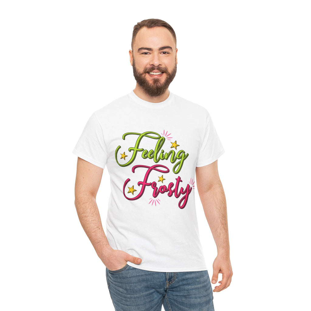 Feeling Frosty Holiday T-Shirt — Green & Pink Script Stars.Unisex Cotton Tee