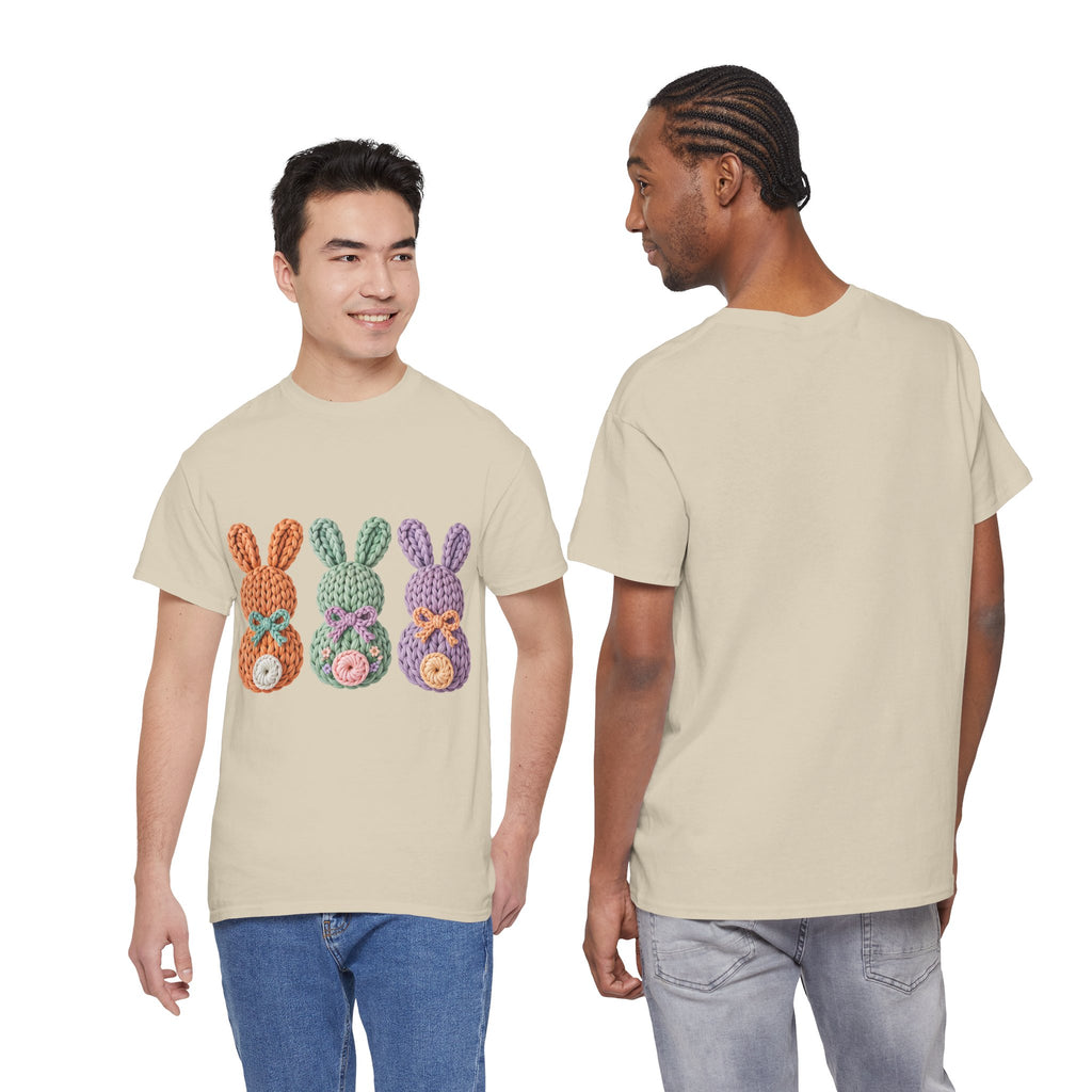 Pastel Crochet Bunny Tee — Trio of Faux Knit Bunnies with Bows & Flowers Unisex Cotton Tee