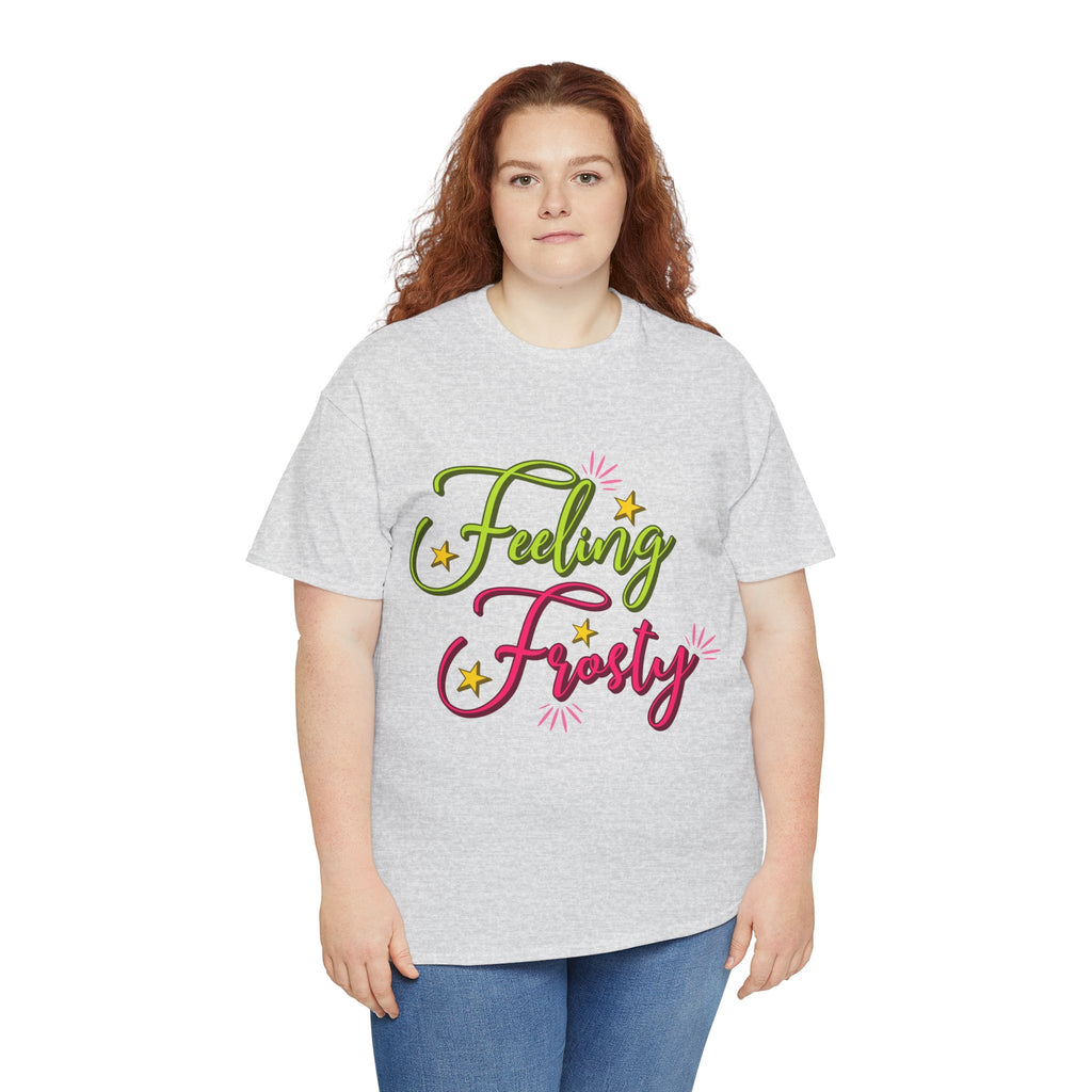 Feeling Frosty Holiday T-Shirt — Green & Pink Script Stars.Unisex Cotton Tee