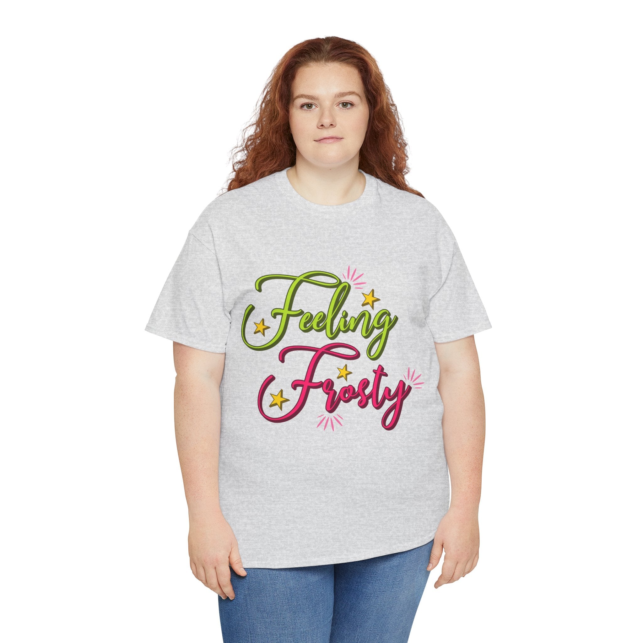 Feeling Frosty Holiday T-Shirt — Green & Pink Script Stars.Unisex Cotton Tee