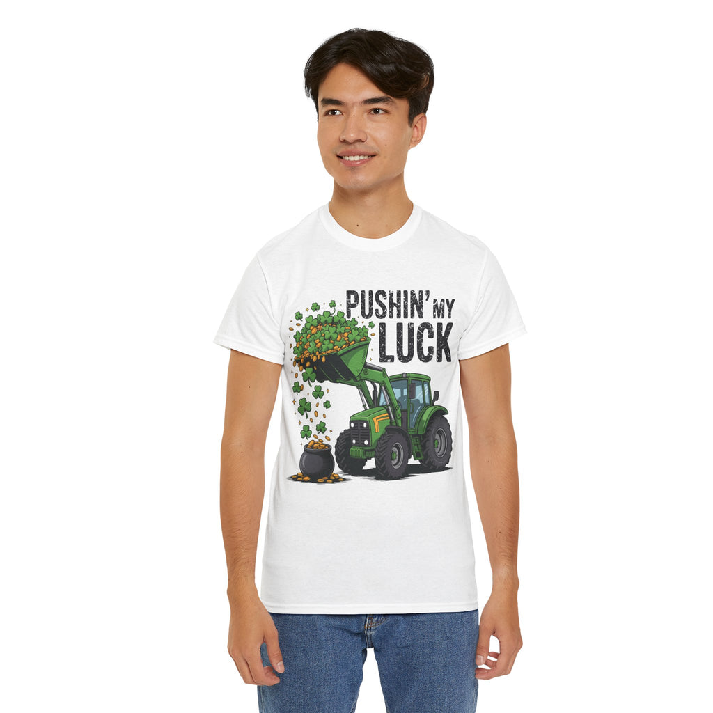 Pushin' My Luck Shamrock Tractor Tee — St. Patrick's Day Unisex Cotton T-Shirt