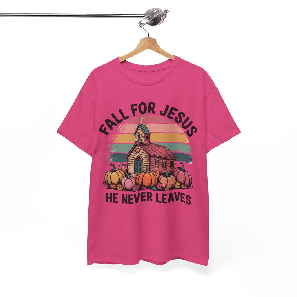 Jesus Leopard Print Fall T-Shirt — Pumpkins, Leaves & Floral Faith Unisex Cotton Tee