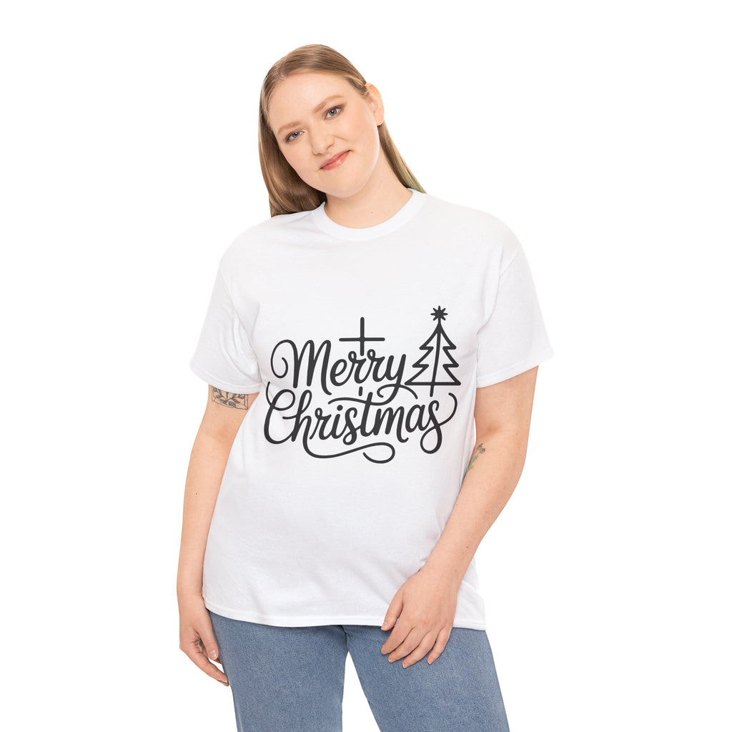 Merry Christmas Script T-Shirt with Cross & Tree(Unisex Cotton Tee)