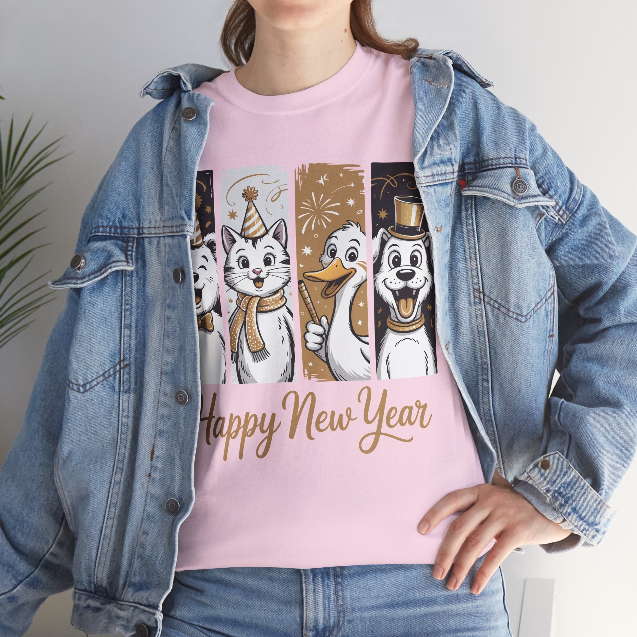 Happy New Year Party Animals T-Shirt — Cute Smiling Animals in Party Hats & Gold Fireworks..Unisex Cotton Tee