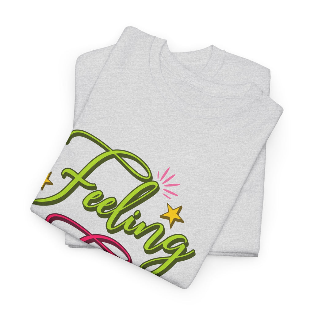 Feeling Frosty Holiday T-Shirt — Green & Pink Script Stars.Unisex Cotton Tee