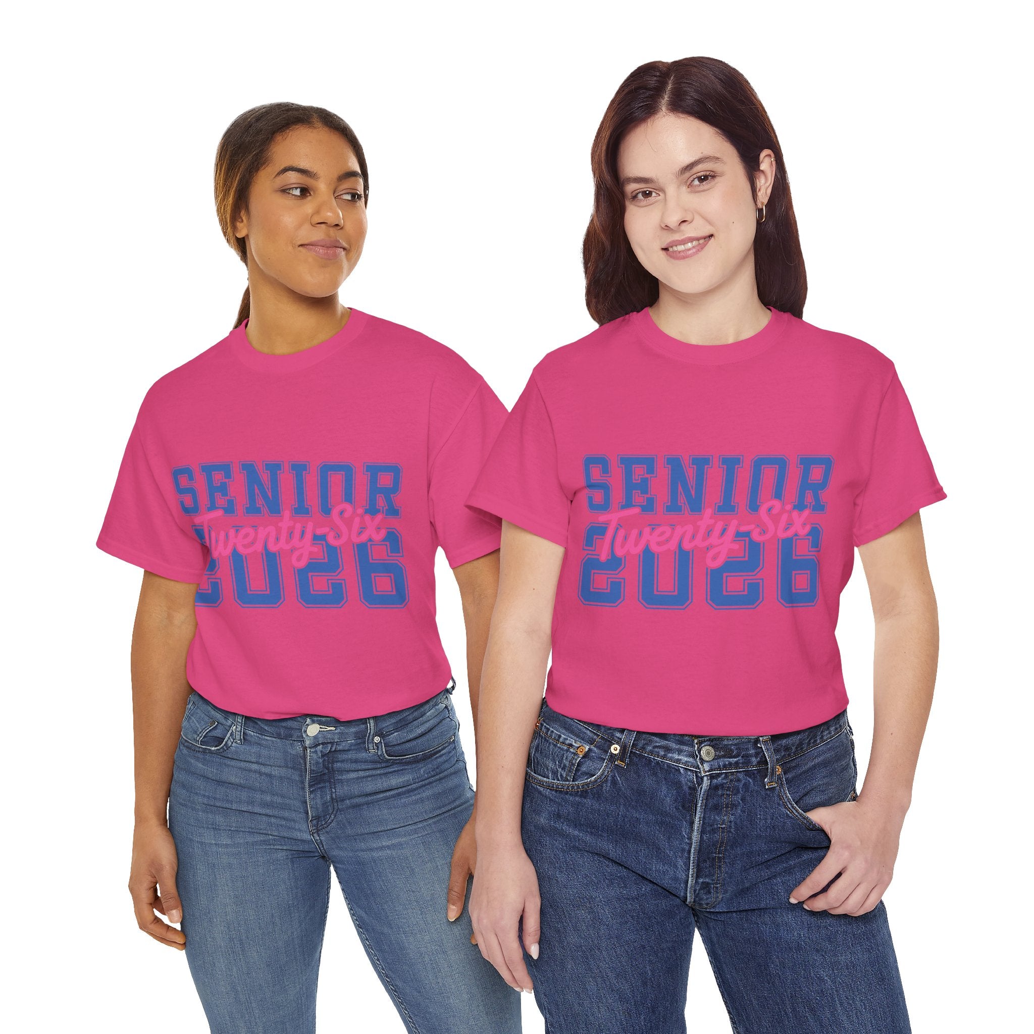 Senior 2026 Tee — Pink Varsity Block with Blue Script Overlay Unisex Cotton Tee
