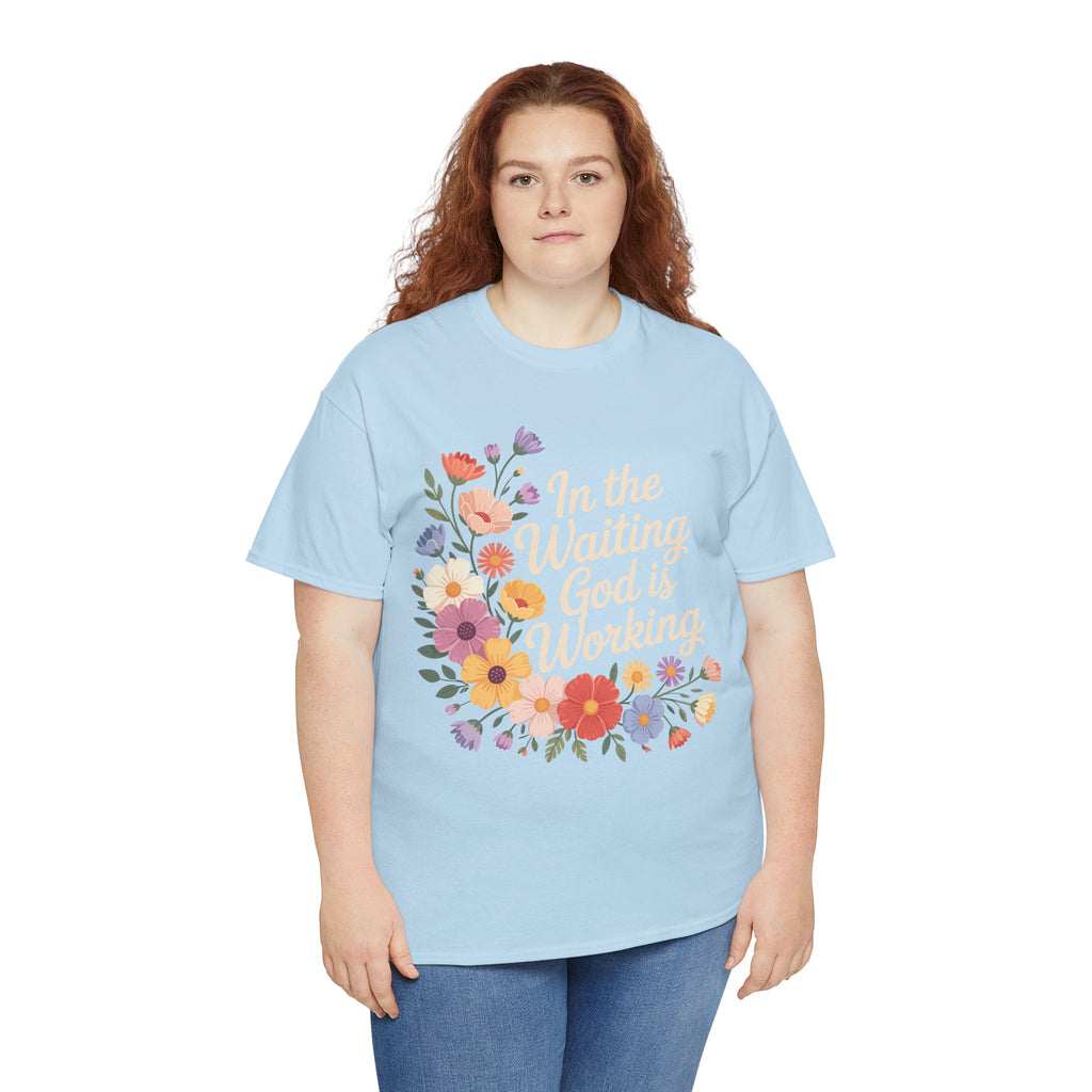 Pastel Floral “In the Waiting God Is Working” Unisex Cotton T-Shirt