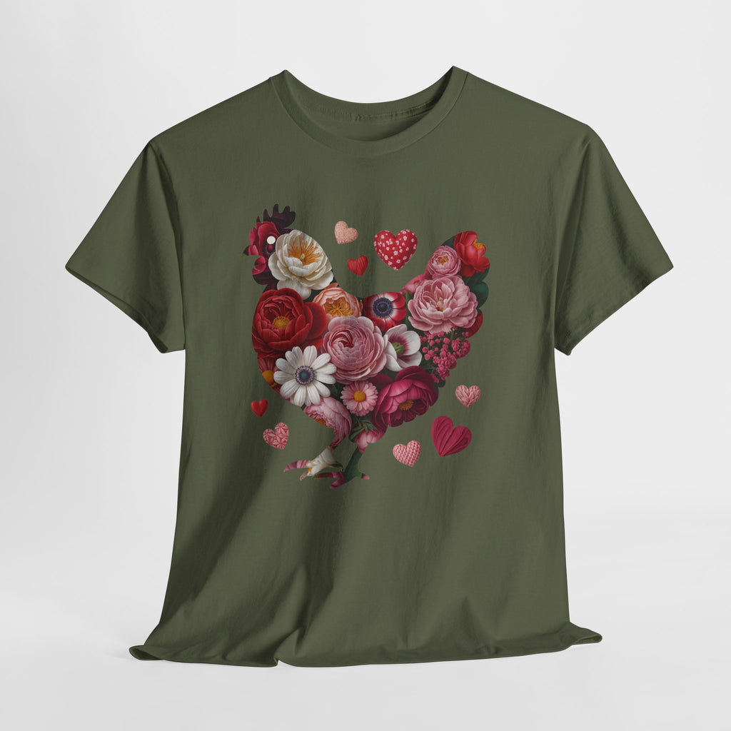 Floral Chicken Heart Tee — Red & Pink Flower Silhouette Unisex Cotton Tee