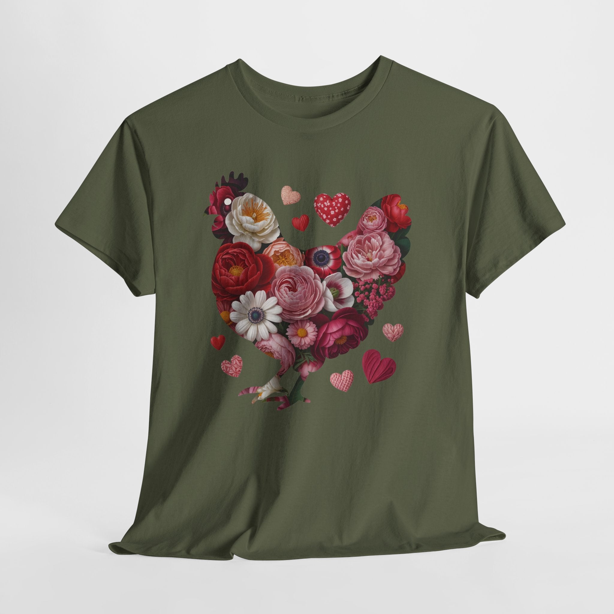 Floral Chicken Heart Tee — Red & Pink Flower Silhouette Unisex Cotton Tee