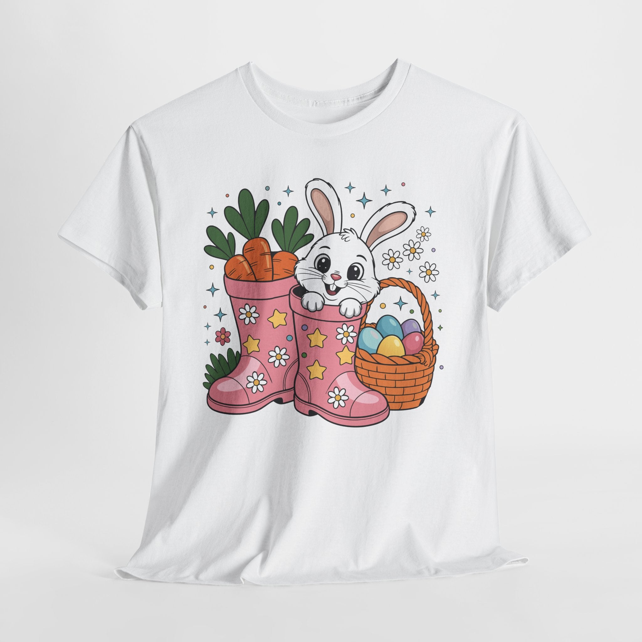 Easter Bunny in Pink Rain Boots T-Shirt — Cartoon Bunny, Carrots & Colorful Eggs Unisex Cotton Tee