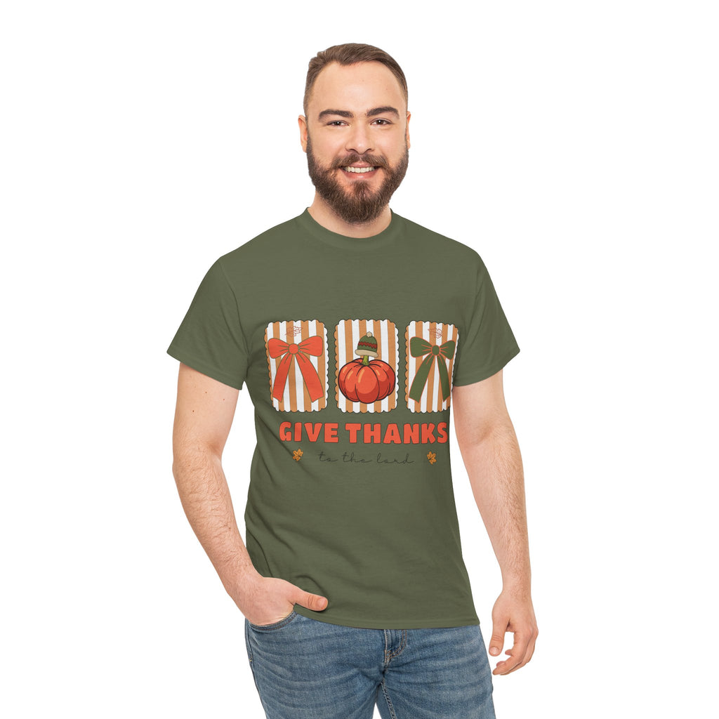 Give Thanks Thanksgiving T-Shirt — Pumpkin with Hat & Bows Unisex Cotton Tee