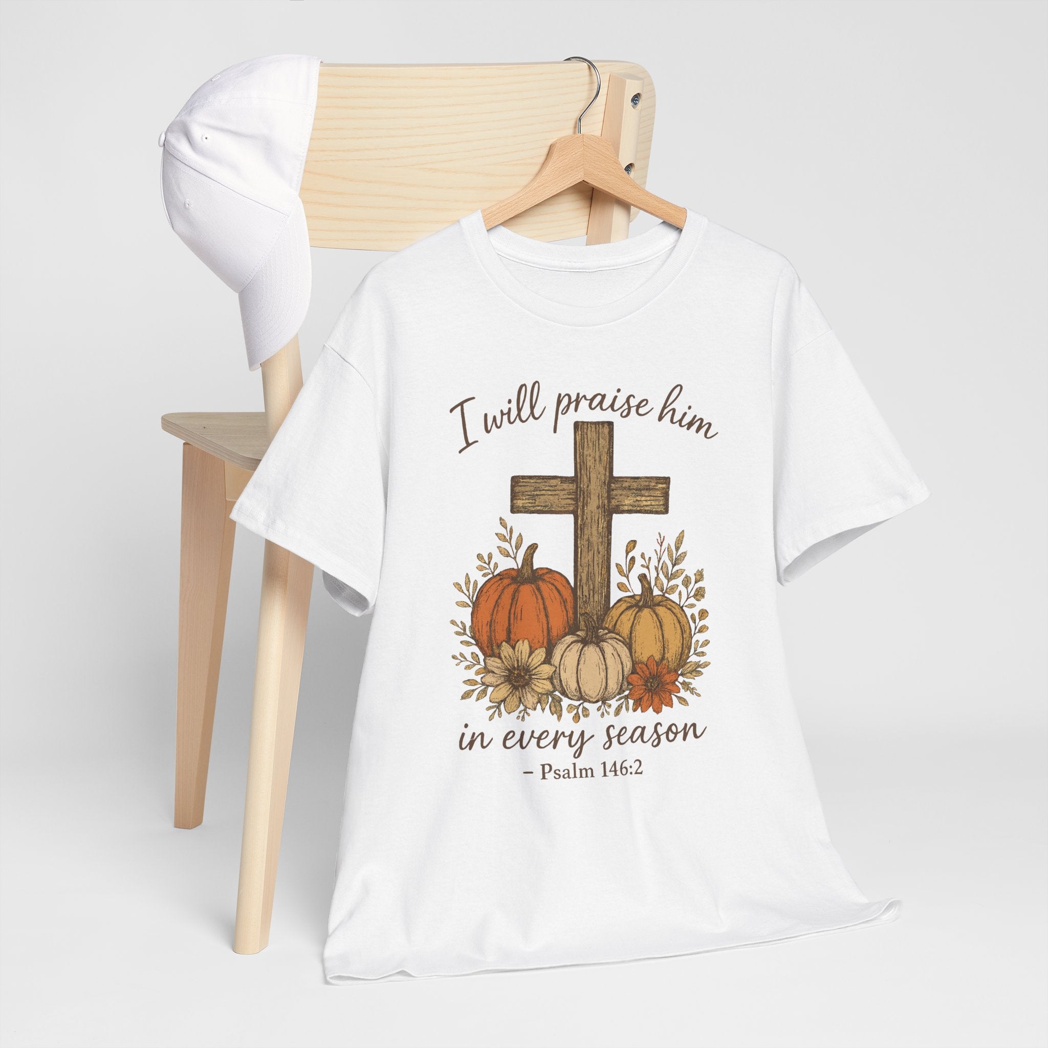 Psalm 146:2 Pumpkin Cross T-Shirt — I Will Praise Him in Every Season. Unisex Cotton Tee