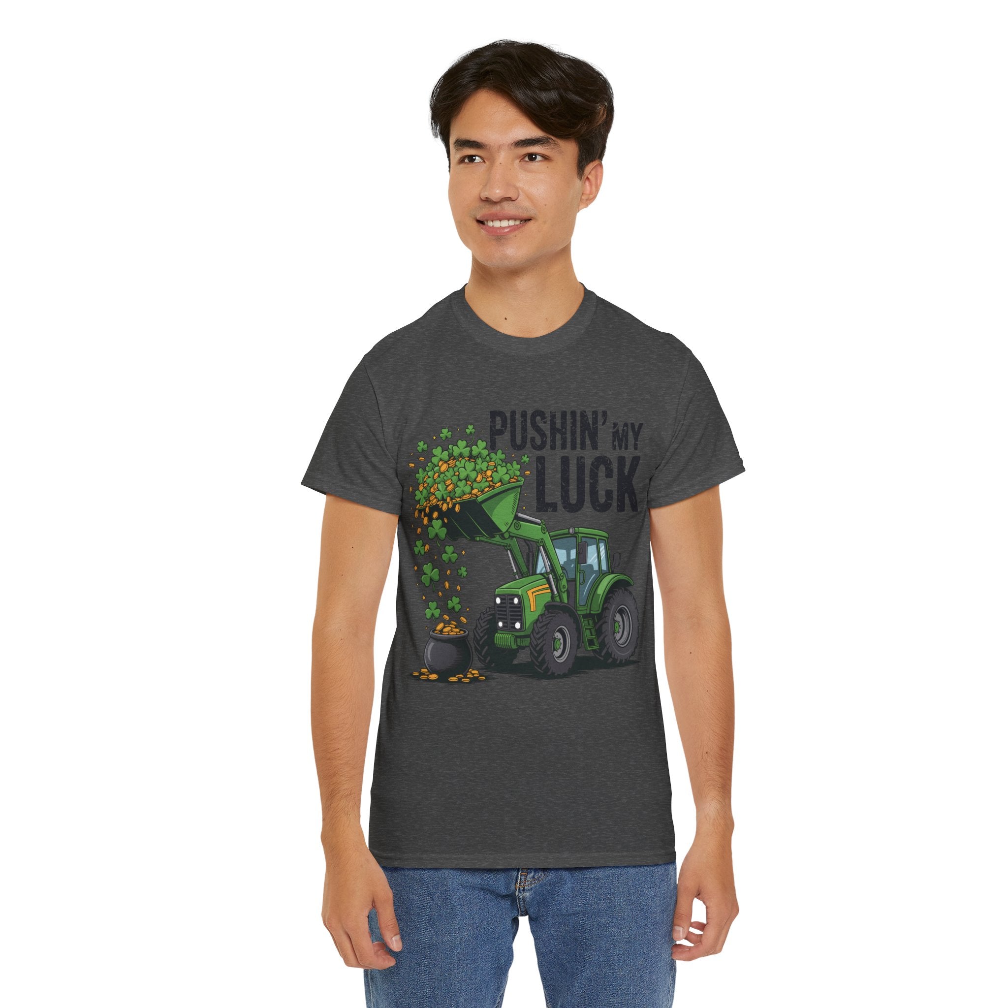 Pushin' My Luck Shamrock Tractor Tee — St. Patrick's Day Unisex Cotton T-Shirt