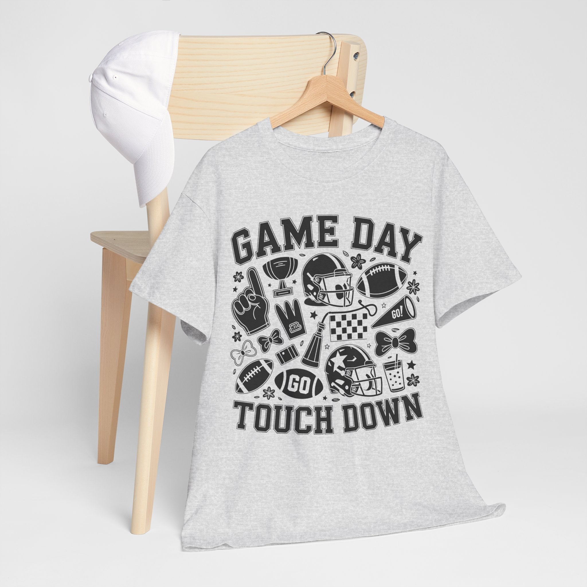 Game Day Touch Down Football T‑Shirt — Helmet & Cheer Monochrome Design Unisex Cotton Tee