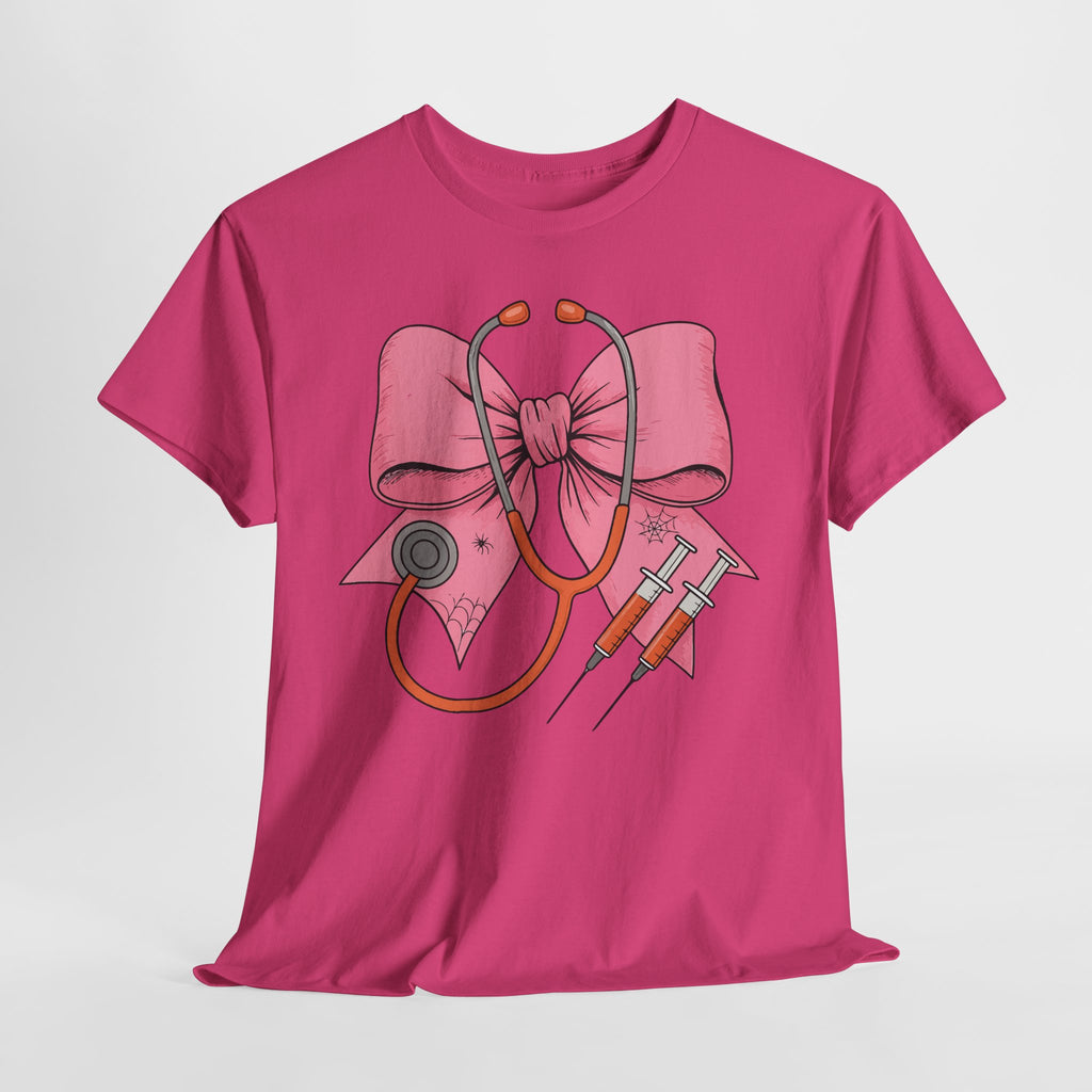 Halloween Nurse T‑Shirt — Pink Nurse Bow with Stethoscope, Syringes & Spider Webs..Unisex Cotton Tee