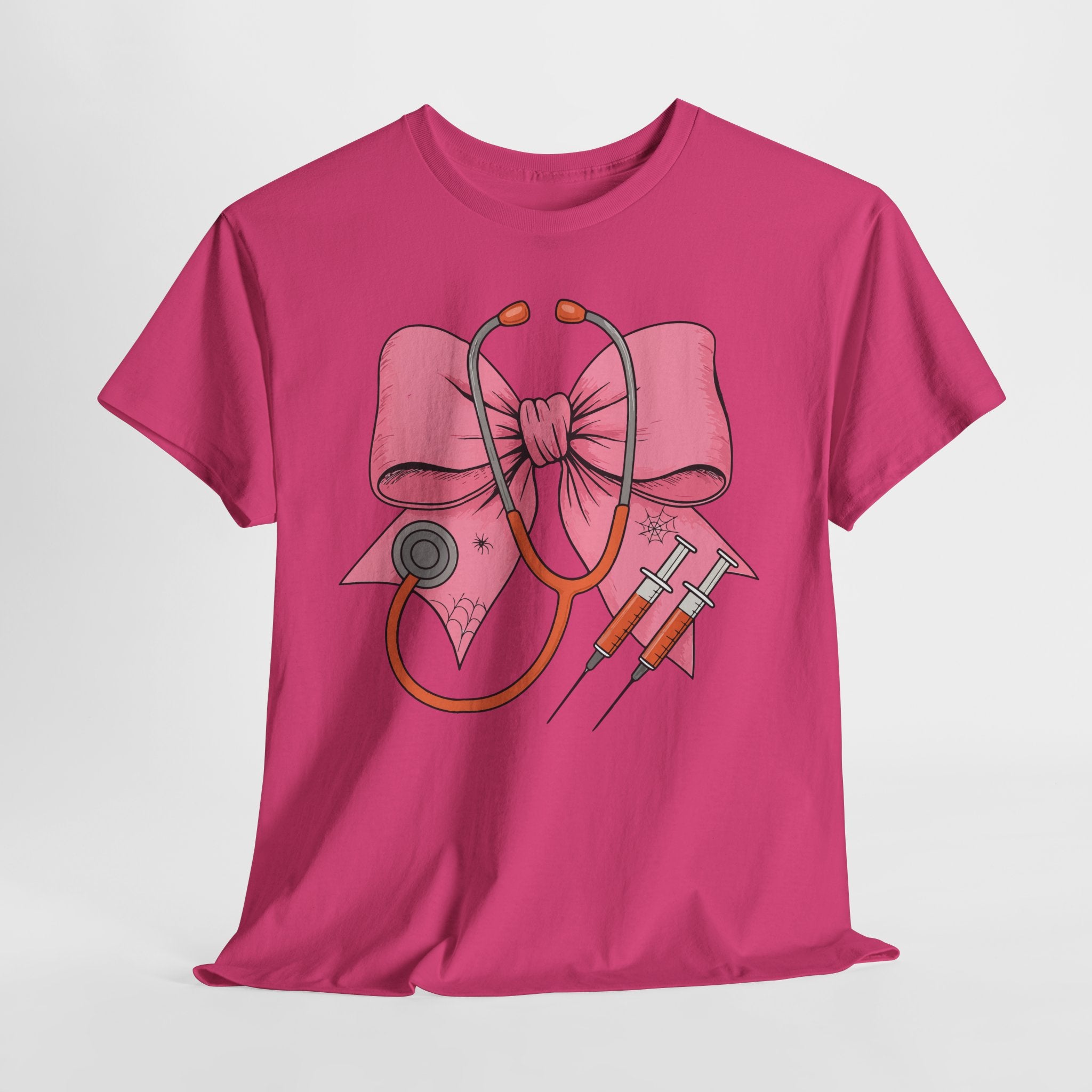 Halloween Nurse T‑Shirt — Pink Nurse Bow with Stethoscope, Syringes & Spider Webs..Unisex Cotton Tee
