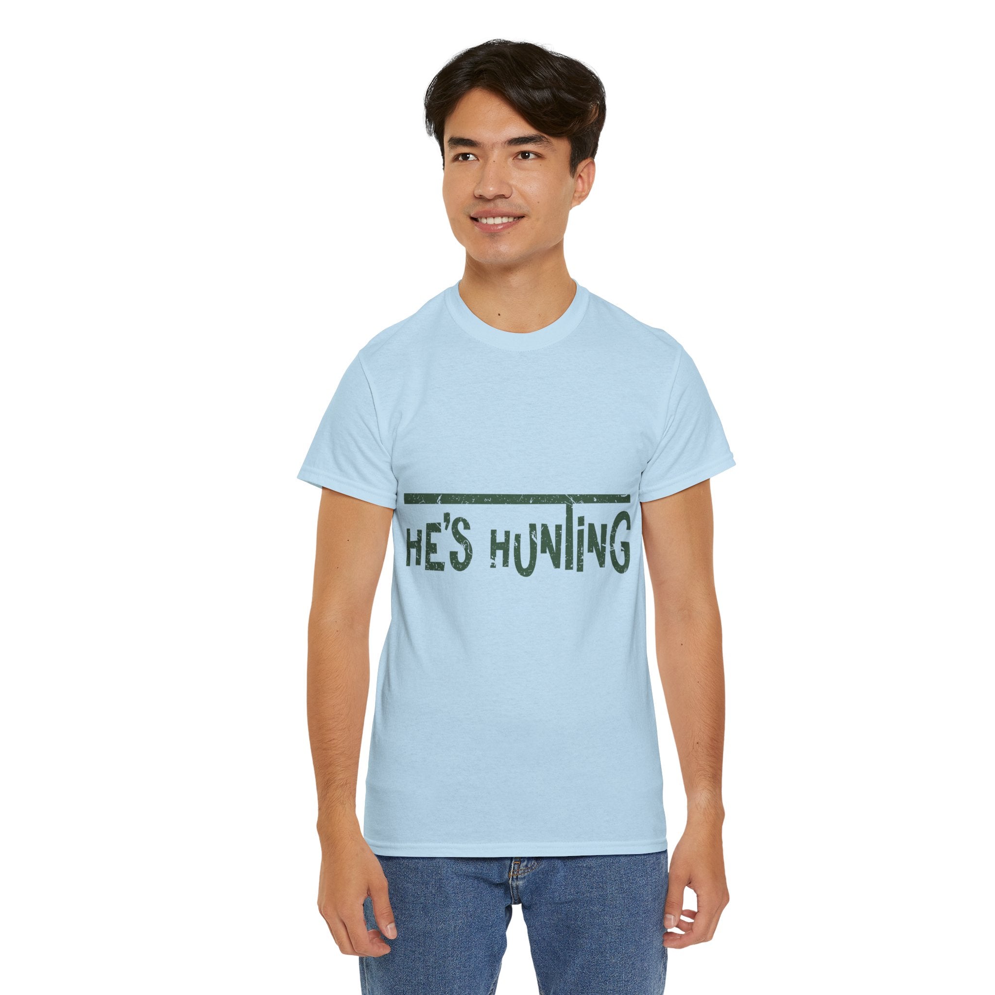 He’s Hunting Distressed Tee — Minimalist Tan Hunting Unisex Cotton Tshirt
