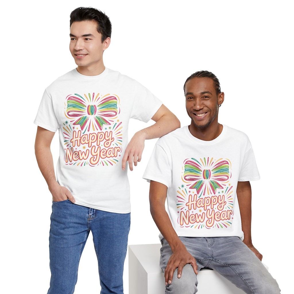 Happy New Year Pastel Tee — Rainbow Bow & Fireworks Celebration Unisex Cotton Tshirt