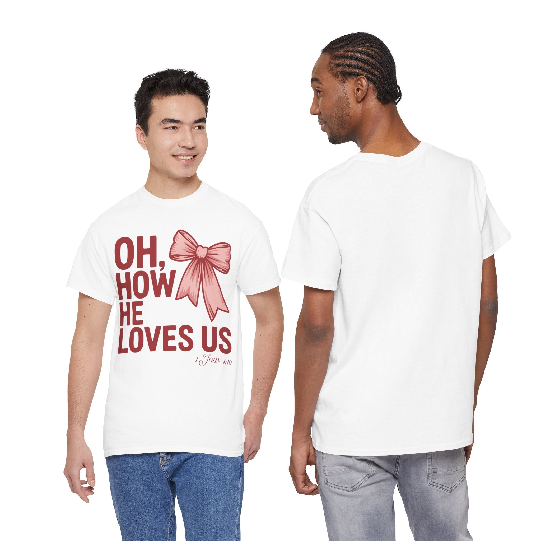 Oh, How He Loves Us Christian Valentine Tee — 1 John 4:10 Red & Pink Unisex Cotton Tee