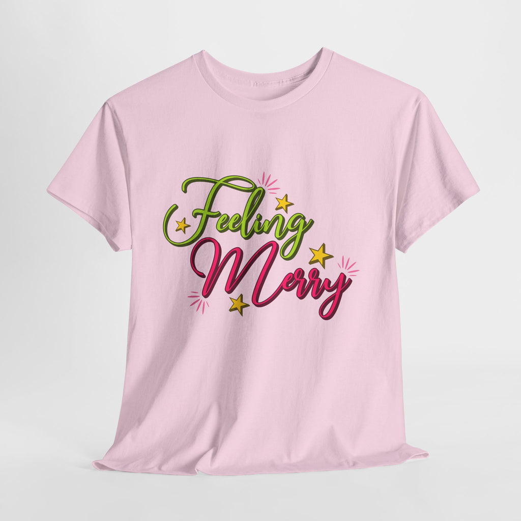 Feeling Merry T-Shirt — Bright Green & Pink Holiday Tee with Stars.Unisex Cotton Tee