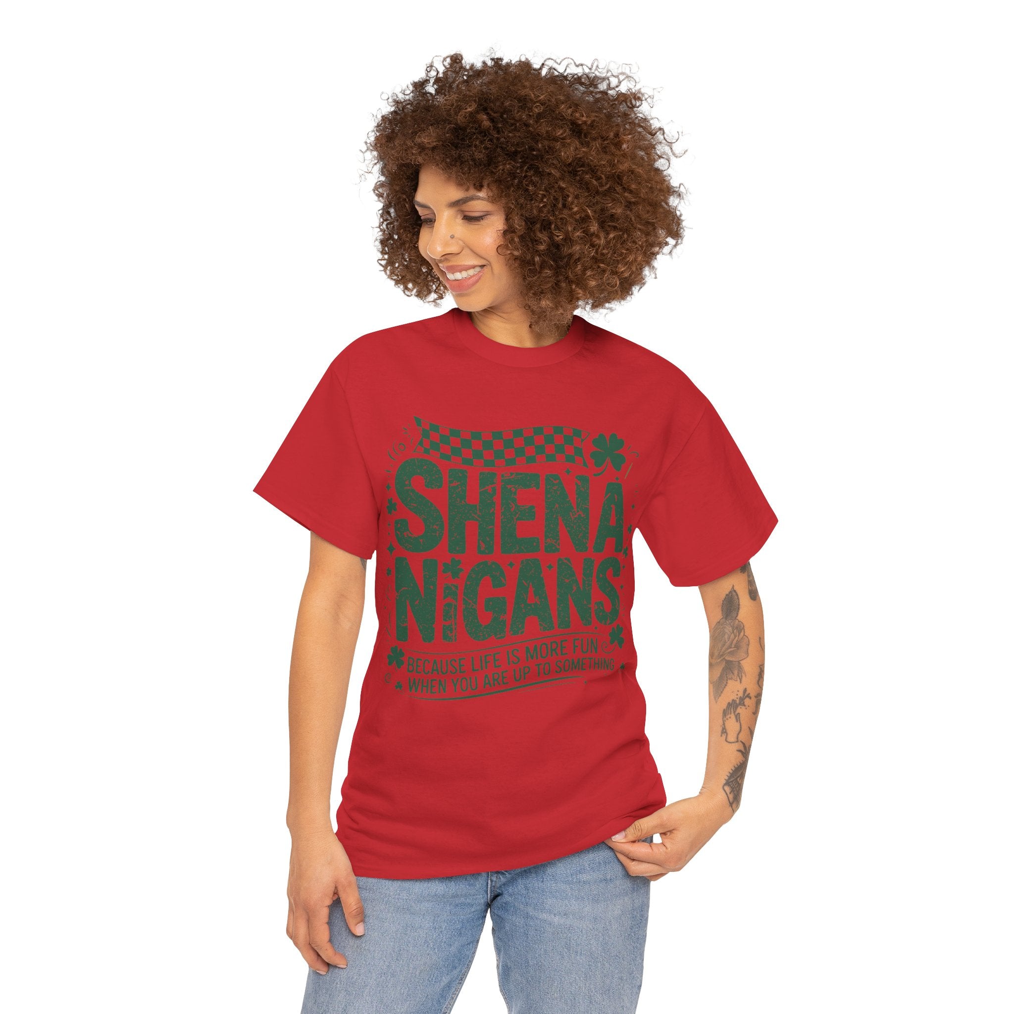 Shenanigans Clover Tee — Bright Green St. Patrick’s Day Shirt with Checkered Flag Unisex Cotton Tee