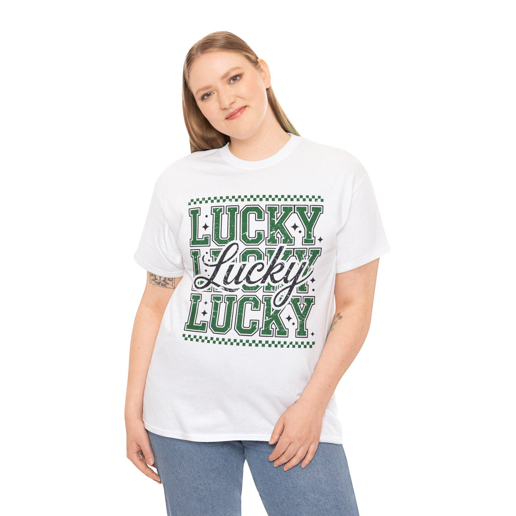 Lucky Varsity Tee — Layered Green ‘Lucky’ Graphic Unisex Cotton Tee