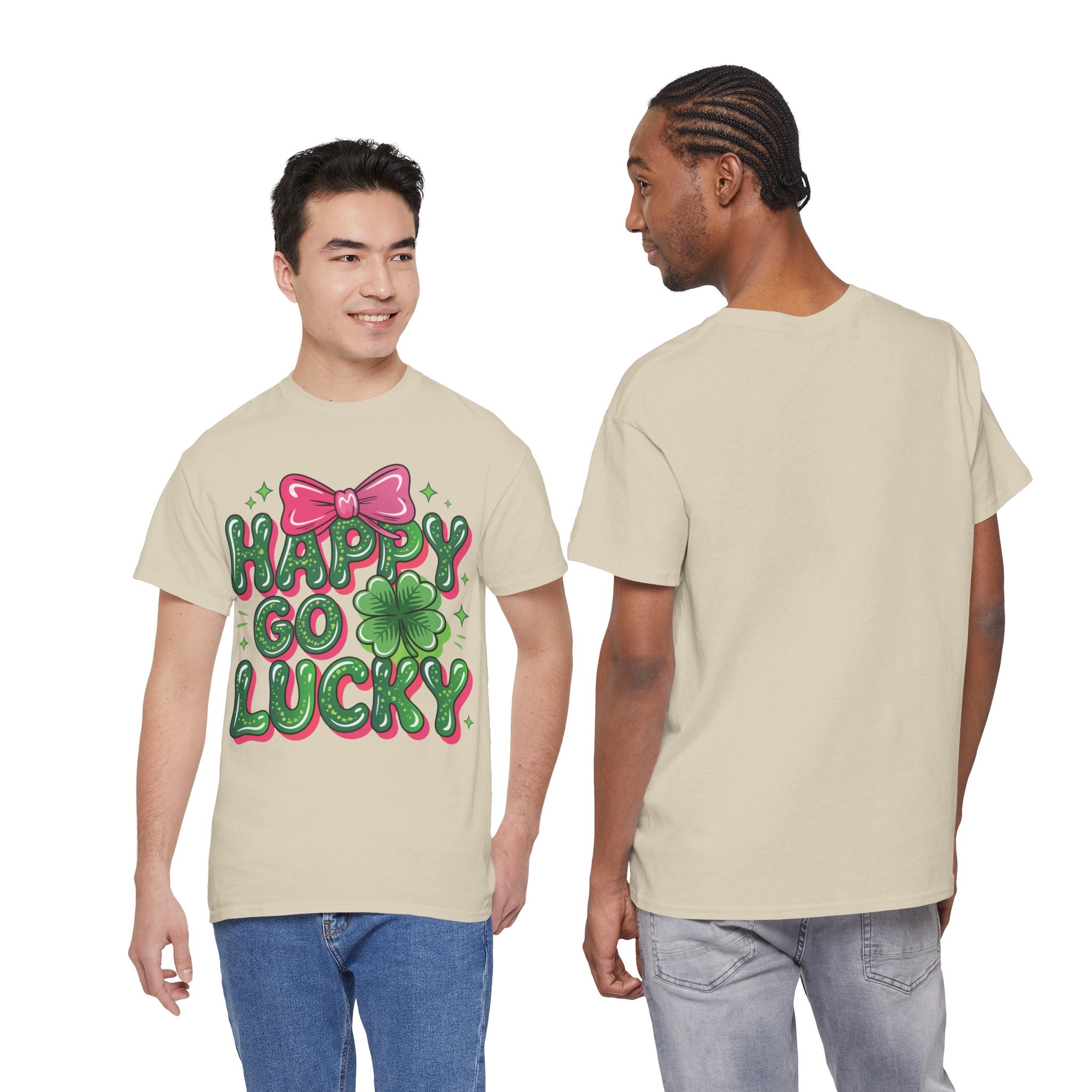 Happy Go Lucky Four-Leaf Clover Tee — Glossy Green Letters & Pink Bow Unisex Cotton Tee