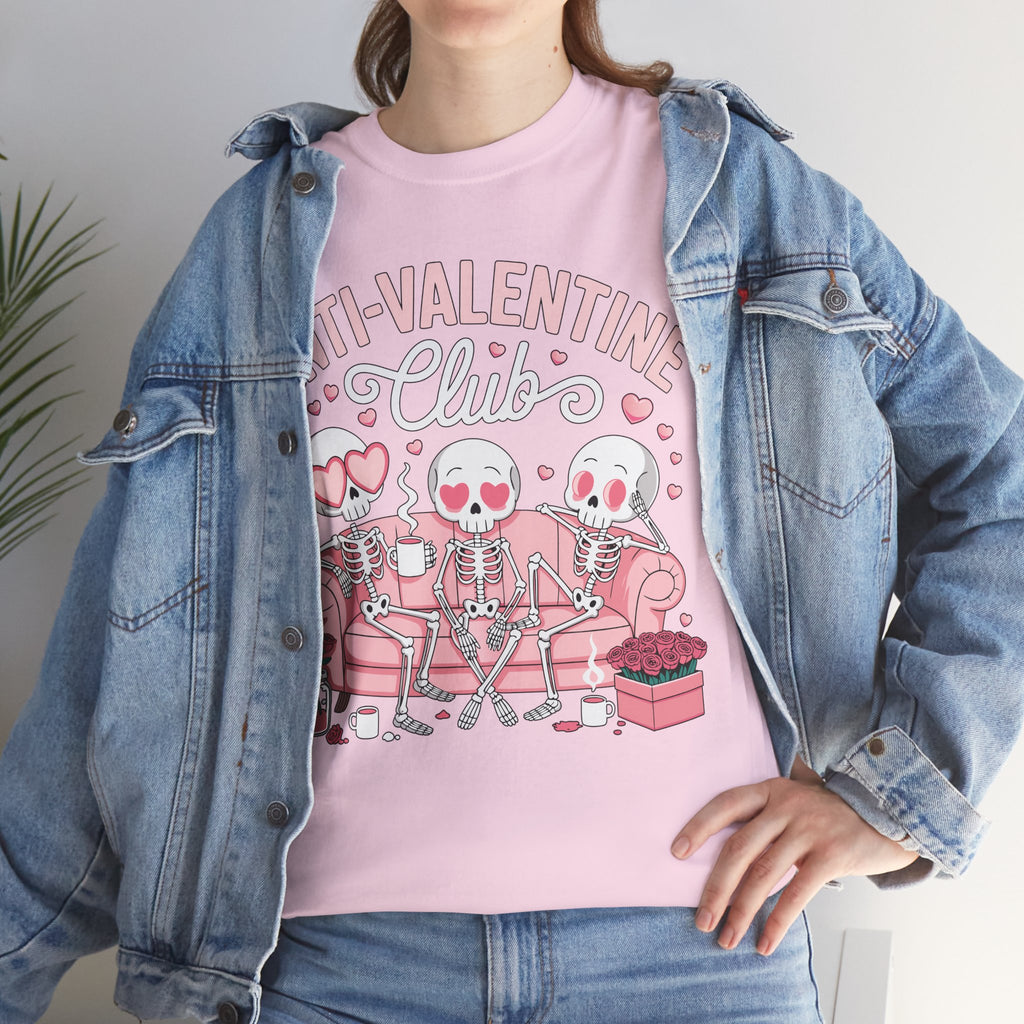 Anti-Valentine Club Skeleton Tee — Anti-Romance Pink Couch Graphic Unisex Cotton T-Shirt